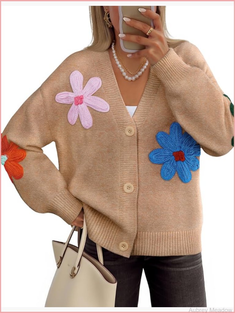 Floral V-Neck Cardigan Sweater - Open Front Long Sleeve Knit